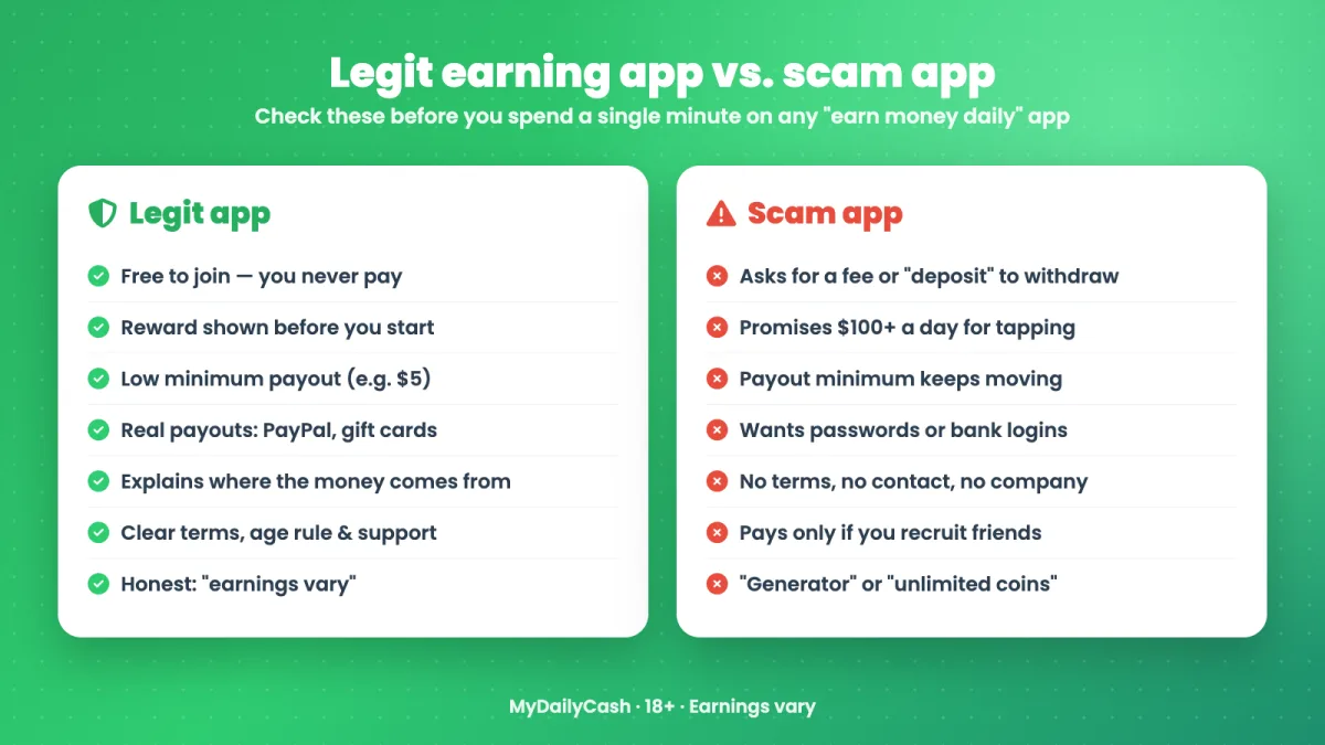 Legit earning app vs scam app – signs of a real daily earn money app and red flags