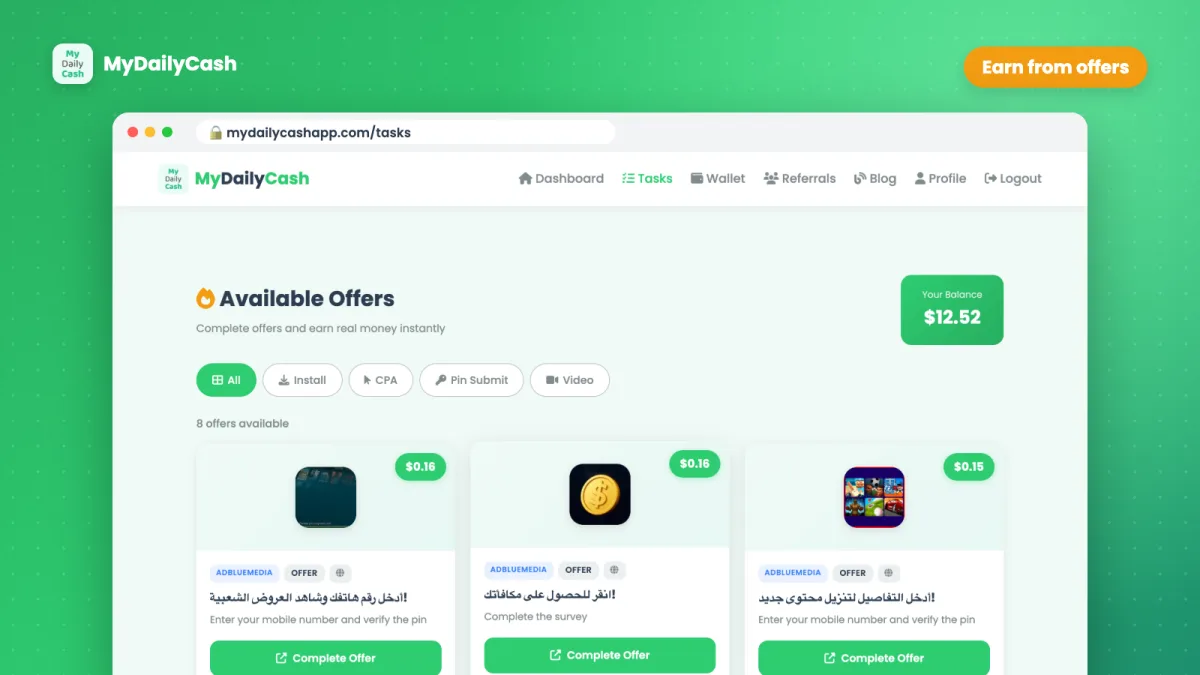 MyDailyCash offers page showing tasks and the reward for each offer