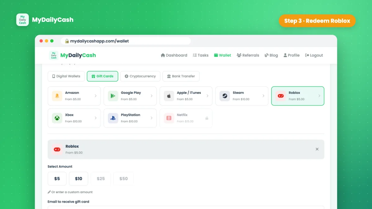 Earn a real Roblox gift card safely in the MyDailyCash wallet from $5