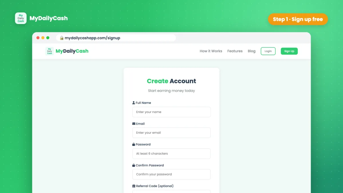 My Daily Cash sign-up page to create a free account