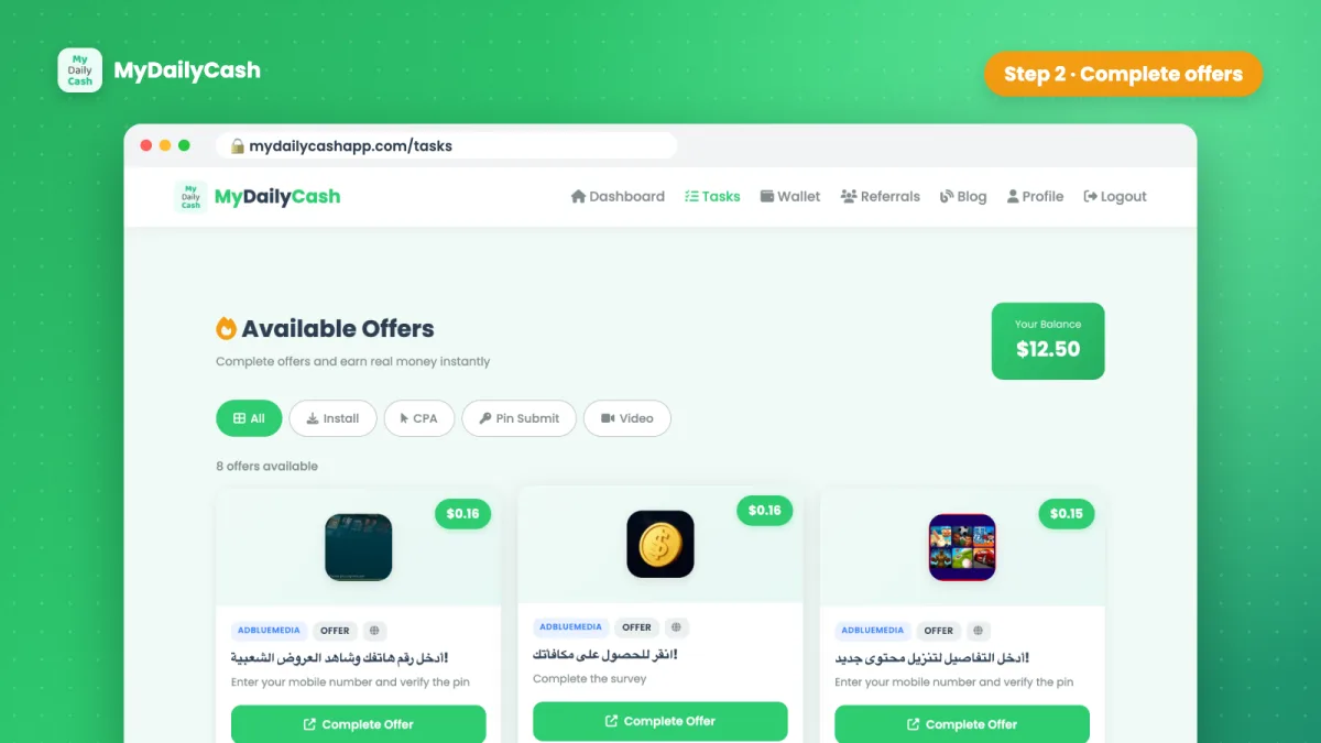 MyDailyCash Tasks page with offers and rewards to earn a Roblox gift card