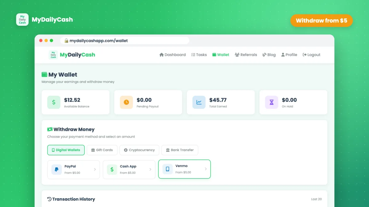 MyDailyCash wallet page with PayPal, Cash App, Venmo, gift card and crypto withdrawals